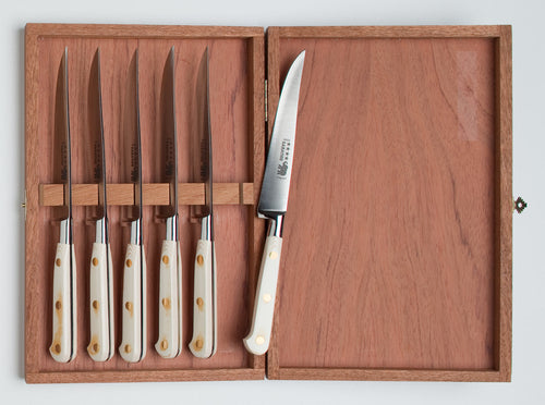 Thiers-Issard Four-Star Elephant Sabatier Knives lisse steak knife set - white micarta handles
